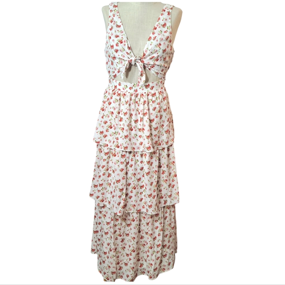 WAYF Tie Front Cutout Floral Chiffon Midi Dress Tiered Summer Wedding Guest Med - Picture 2 of 7